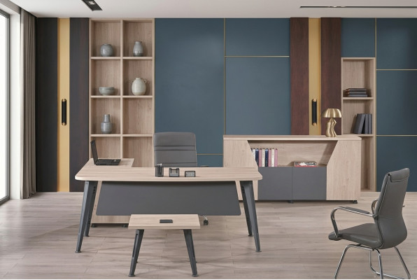 Mobilier de bureau bureau d'angle table de travail Table de travail Ensemble de bureau complet en bois composé de 3 pièces gris