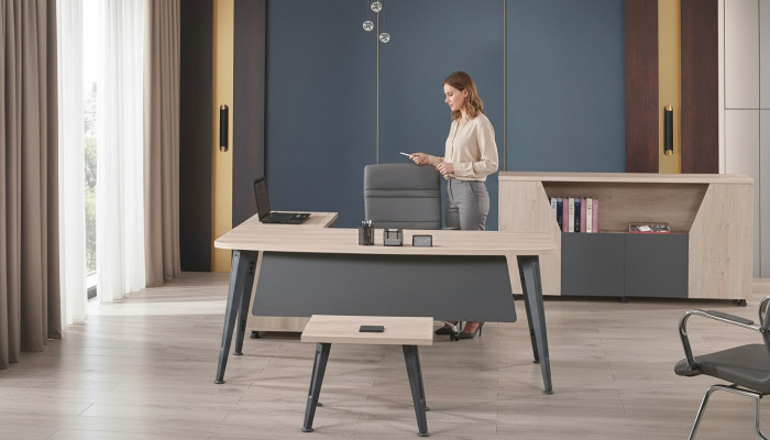Meubles Bureau Mobilier de salle d'étude Coin Table de bureau Ensemble 3 pièces Bois Gris Table.
