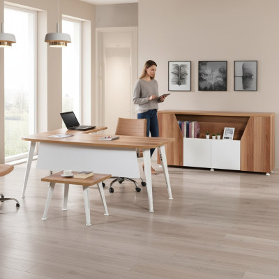 Mobilier de salle d'étude - Ensemble de coin de bureau complet - Bureau d'angle Ensemble de table 3 pièces en bois blanc