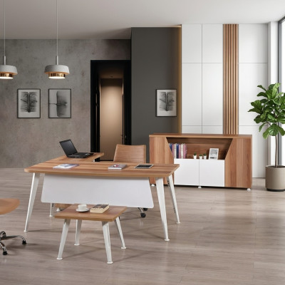 Mobilier de salle d'étude - Ensemble de coin de bureau complet - Bureau d'angle Ensemble de table 3 pièces en bois blanc