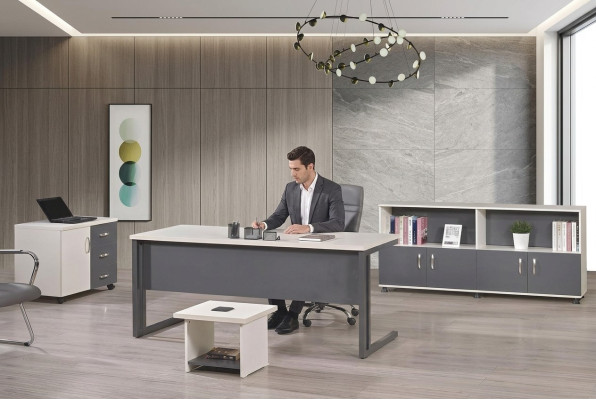 Mobilier d'ordinateur Table de travail Mobilier de bureau Bureau 4 pièces Ensemble en bois Gris