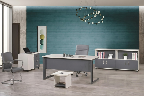 Mobilier d'ordinateur Table de travail Mobilier de bureau Bureau 4 pièces Ensemble en bois Gris