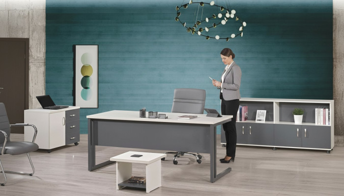 Mobilier de bureau Gris Ensemble 4pcs Bureau Armoire de bureau complet Groupe de bois