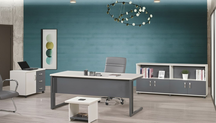 Mobilier de bureau Gris Ensemble 4pcs Bureau Armoire de bureau complet Groupe de bois
