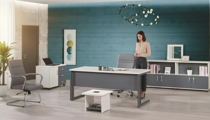 Table de travail Mobilier de bureau Mobilier informatique Bureau 4 pièces Ensemble en bois Gris