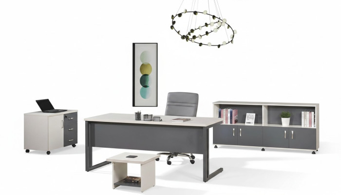 Table de travail Mobilier de bureau Mobilier informatique Bureau 4 pièces Ensemble en bois Gris