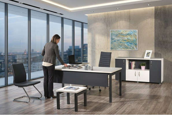 Mobilier de bureau, mobilier de salle d'étude, table de bureau d'angle en bois gris 3 pièces.