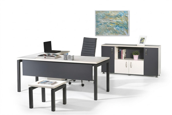 Mobilier de bureau, mobilier de salle d'étude, table de bureau d'angle en bois gris 3 pièces.