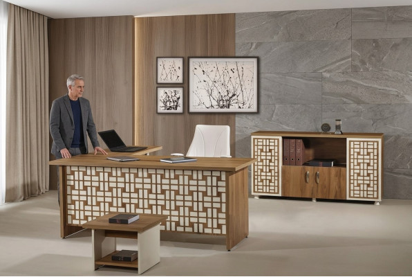 Groupe Bureau d'angle Table de bureau Mobilier de salle d'étude Garde-robe 3 pièces Bois Marron