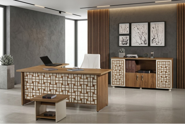 Groupe Bureau d'angle Table de bureau Mobilier de salle d'étude Garde-robe 3 pièces Bois Marron