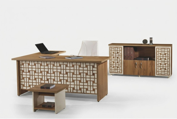 Groupe Bureau d'angle Table de bureau Mobilier de salle d'étude Garde-robe 3 pièces Bois Marron