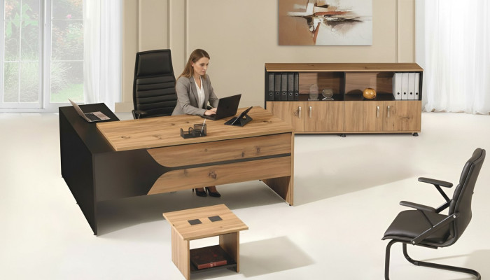 Mobilier de bureau Ensemble en brun 3 pièces Bureau d'angle complet Armoire de bureau en bois Groupe