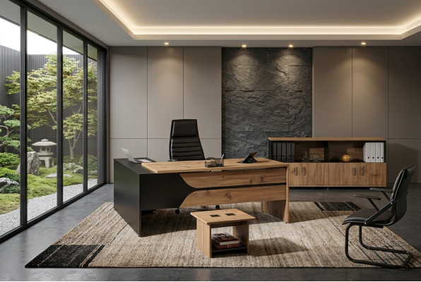 Mobilier de bureau Ensemble en brun 3 pièces Bureau d'angle complet Armoire de bureau en bois Groupe