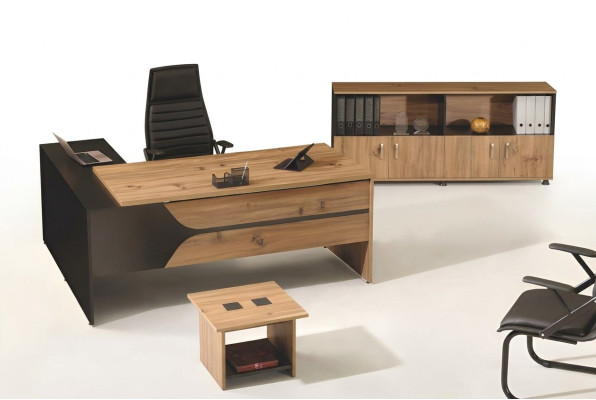 Mobilier de bureau Ensemble en brun 3 pièces Bureau d'angle complet Armoire de bureau en bois Groupe