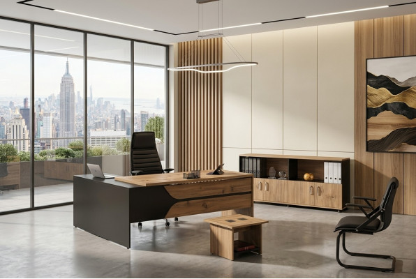 Mobilier de bureau pour ordinateur Table de travail Mobilier de bureau Table en bois Ensemble 3 pièces Marron