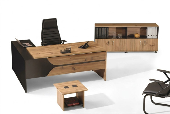 Mobilier de bureau pour ordinateur Table de travail Mobilier de bureau Table en bois Ensemble 3 pièces Marron