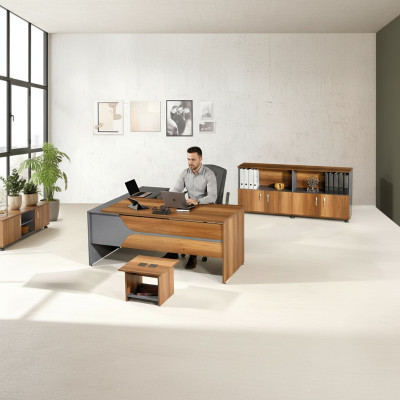 Meubles de bureau ensemble gris 3 pièces ensemble de table de bureau d'angle Armoire de bureau complète Groupe de bois