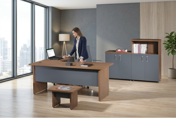 Table d'angle de bureau complète Ensemble de 4 pièces en bois gris Meubles d'ordinateur