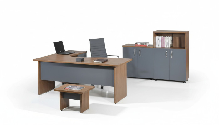 Table d'angle de bureau complète Ensemble de 4 pièces en bois gris Meubles d'ordinateur