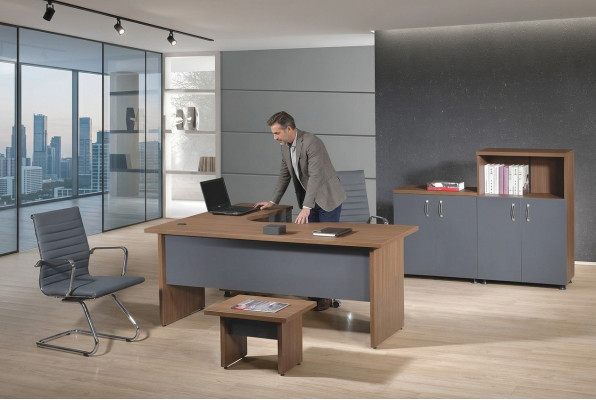 Groupe Bureau de coin Table de bureau Mobilier de salle d'étude Armoire 4 pièces Bois Gris
