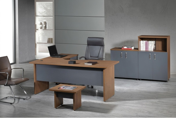Groupe Bureau de coin Table de bureau Mobilier de salle d'étude Armoire 4 pièces Bois Gris