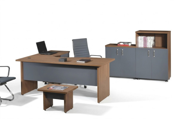 Groupe Bureau de coin Table de bureau Mobilier de salle d'étude Armoire 4 pièces Bois Gris