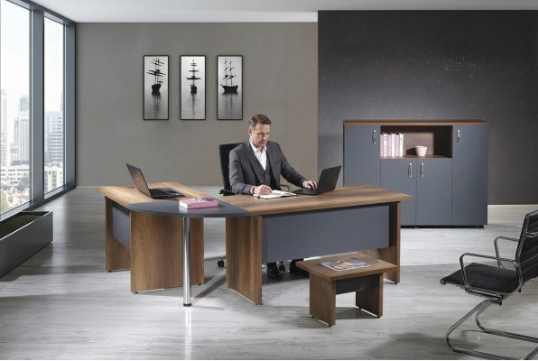 Bureau complet Bureau d'angle Table de bureau Mobilier de bureau Ensemble en bois 3 pièces Gris Mobilier informatique