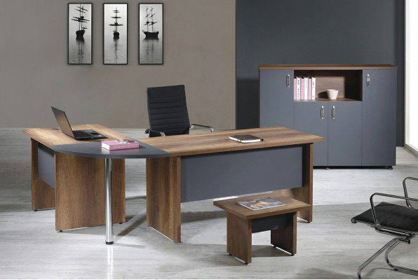 Bureau complet Bureau d'angle Table de bureau Mobilier de bureau Ensemble en bois 3 pièces Gris Mobilier informatique