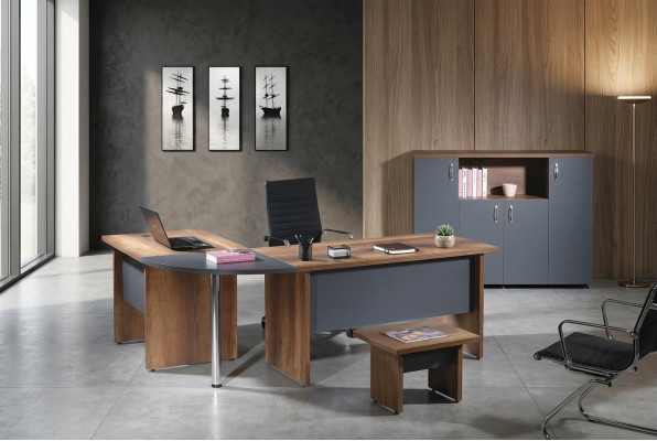 Meuble d'ordinateur table de travail Mobilier de bureau table de coin de bureau Ensemble de 3 pièces en bois gris