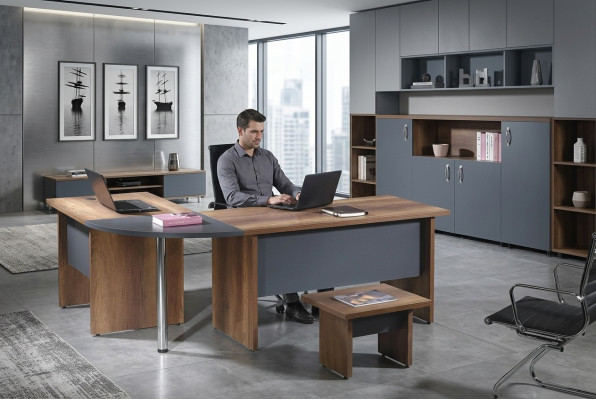 Mobilier de salle d'étude Mobilier informatique Mobilier de bureau Table de coin de bureau Ensemble de 3 pièces en bois gris