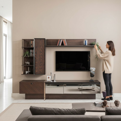 Étagère murale pour télévision, étagères, meuble TV, basse, buffet, en bois brun, armoire.