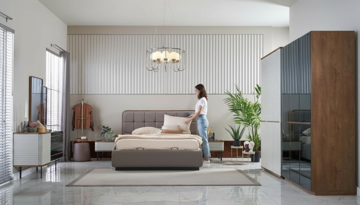 Ensemble de chambre moderne 7 pièces Lit double complet en bois brun