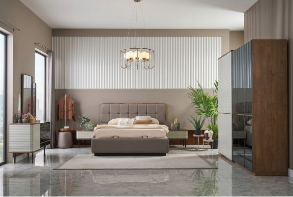 Ensemble de chambre moderne 7 pièces Lit double complet en bois brun