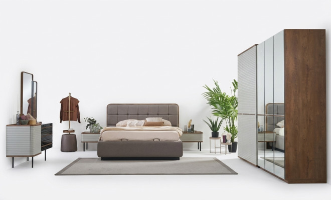 Ensemble de chambre moderne 7 pièces Lit double complet en bois brun