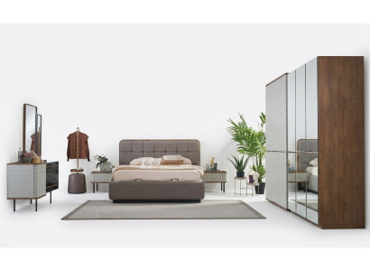 Ensemble de chambre moderne 7 pièces Lit double complet en bois brun