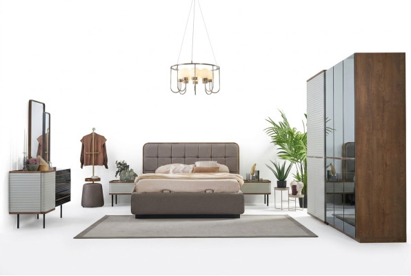 Chambre complète Ensemble 5 pièces Lit double en bois marron Cadre de lit