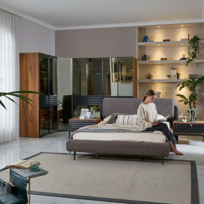 Chambre de luxe Lit double Cadre de lit en bois marron Ensemble de 4 pièces