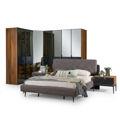 Chambre de luxe Lit double Cadre de lit en bois marron Ensemble de 4 pièces