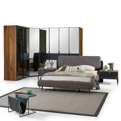 Conception de lit Chambre Lit double Marron Bois Ensemble de cadre de lit 4 pièces