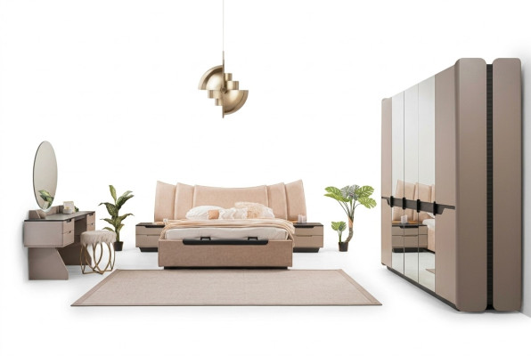 Chambre complète Lit double Moderne Ensemble de lit beige 6 pièces Armoire