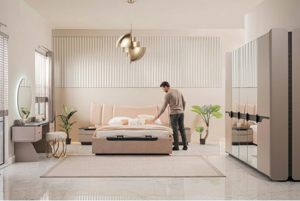 Lit double Ensemble complet de lit Chambre à coucher Moderne Beige Ensemble de 6 pièces Armoire