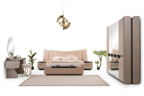Lit double Ensemble complet de lit Chambre à coucher Moderne Beige Ensemble de 6 pièces Armoire