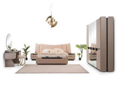 Lit double Ensemble complet de lit Chambre à coucher Moderne Beige Ensemble de 6 pièces Armoire