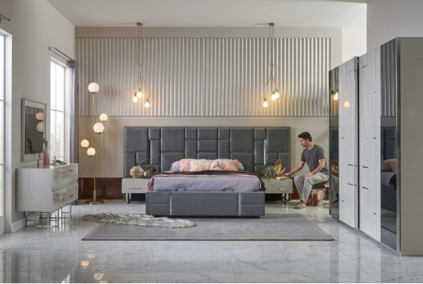 Cadre de lit Chambre Lit double Gris Bois Ensemble Penderie 6 pièces