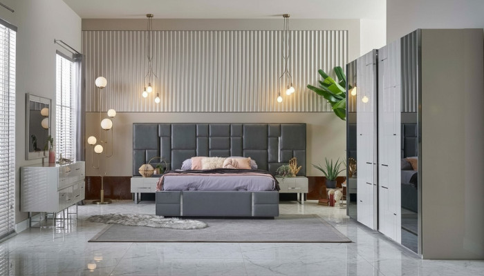 Cadre de lit Chambre Lit double Gris Bois Ensemble Penderie 6 pièces