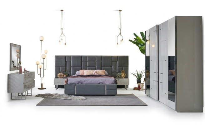 Cadre de lit Chambre Lit double Gris Bois Ensemble Penderie 6 pièces