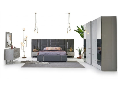 Cadre de lit Chambre Lit double Gris Bois Ensemble Penderie 6 pièces