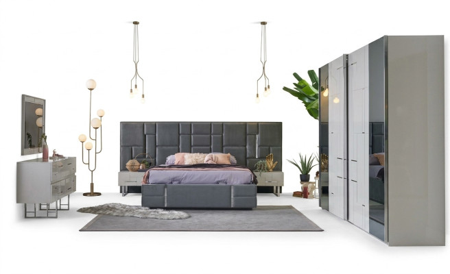 Lit double Cadre de lit Chambre en bois gris Ensemble de 6 pièces Armoire