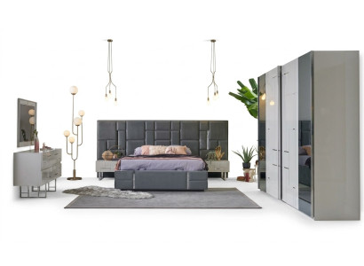 Lit double Cadre de lit Chambre en bois gris Ensemble de 6 pièces Armoire
