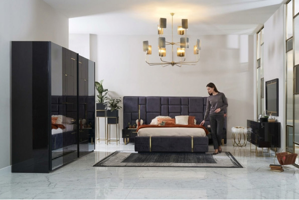 Cadre de lit double de luxe Ensemble de chambre à coucher en bois 6 pièces Design noir
